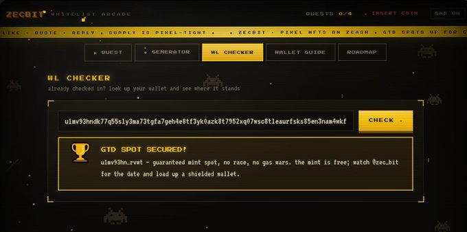 A screenshot of the ZECBIT Whitelist Arcade website displays a 'WL CHECKER' interface showing a wallet status of 'GTD SPOT SECURED!' for a guaranteed mint spot.