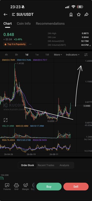 A mobile screenshot of the SUI/USDT trading pair on KuCoin shows the price at $0.848, up 3.49% on the day with a 24-hour high of $0.8873 and low of $0.8044. The 1-day candlestick chart features a hand-drawn arrow pointing sharply upward alongside a converging triangle pattern, visually reinforcing the bullish "$SUI SEND IT!" sentiment.
