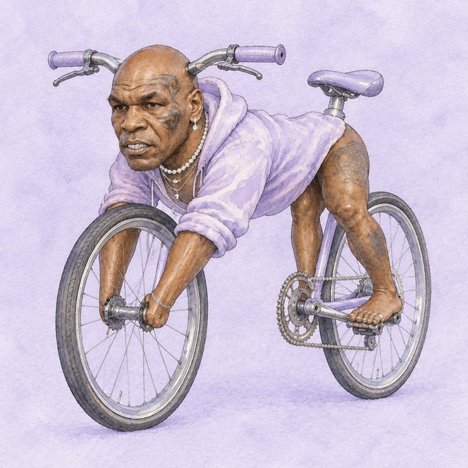 A humorous illustration depicting a muscular, tattooed man wearing a purple camouflage hoodie riding a purple children's bicycle against a light purple background.