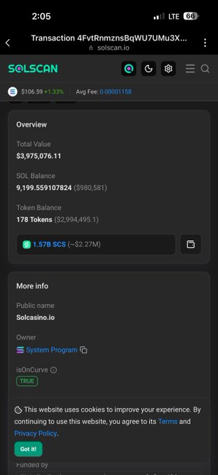 A screenshot of the Solscan explorer showing a wallet address holding over $3.97 million (9,199.55 SOL and 178 tokens), which the user claims drained their funds—illustrating how scammers often use high-value wallets to make malicious transactions look legitimate and catch victims off guard.