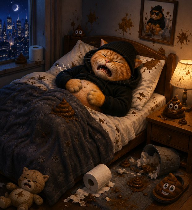 A digital illustration of an orange cat wearing a black hoodie and beanie, grimacing in disgust while lying in a messy bed surrounded by poop emoji plushies.
