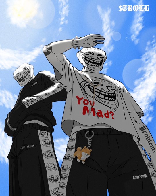 An anime-style illustration of two figures wearing trollface masks and streetwear, with one shirt reading "You Mad?" and a dog keychain on the belt.