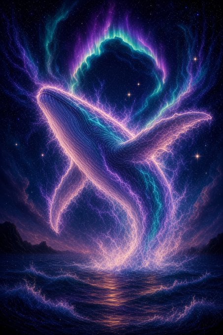 A fantasy digital artwork featuring a glowing whale and arch composed of purple, pink, and teal energy tendrils rising from ocean waves under a starry sky.