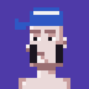 A pixel art illustration of a bearded man wearing a blue bandana against a solid purple background.