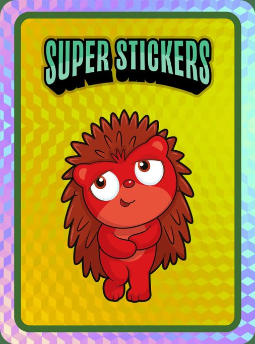 A colorful trading card featuring a cartoon red hedgehog character with spiky fur on a yellow background, titled 'SUPER STICKERS' at the top.
