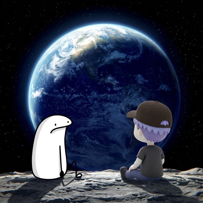 A cartoon figure in a black cap and a simple white ghost-like character sit together on a lunar surface, gazing out at Earth from space, whimsically visualizing the post's joke about "$flork" — a popular crypto meme coin — taking over the world.