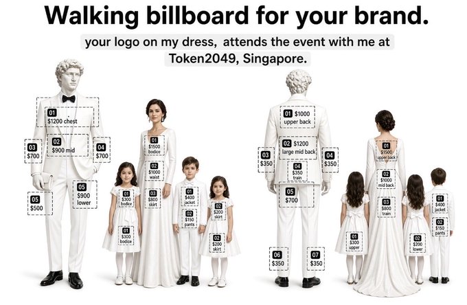 A graphic titled "Walking billboard for your brand" advertises body ad space pricing for a family attending Token2049 in Singapore, with various pricing tiers ($100-$1500) marked on different clothing areas across a man, woman, and four children dressed in white. The image humorously proposes selling sponsorship spots on the family's outfits for the crypto conference.