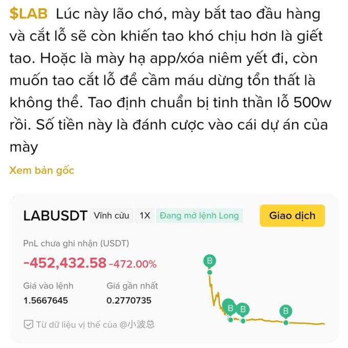 A social media post in Vietnamese criticizing a $LAB project, showing a PnL of -452,432.58 (-472.00%) on a 'LABUSDT' perpetual long position.