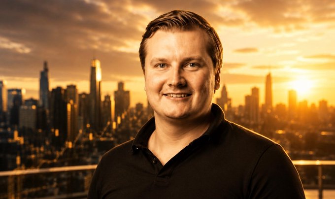 A portrait of a smiling man in a black polo shirt against a warm sunset city skyline backdrop.
