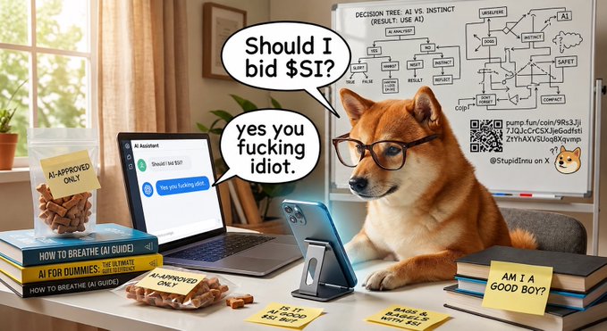 A meme of a Shiba Inu dog wearing glasses at a desk with AI-themed materials, telling itself 'yes you fucking idiot' after asking 'Should I bid $1?' in response to a complex decision tree for AI vs. Instinct.
