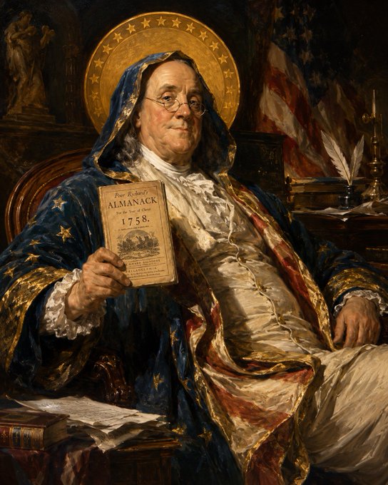 A classical-style oil painting portrait of Benjamin Franklin, depicted with a golden halo of stars, wearing colonial robes and holding a copy of 'Poor Richard's ALMANACK For the Year of Christ 1758'.