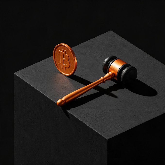 A 3D render of a copper/orange Bitcoin coin and a judge's gavel resting on a dark gray pedestal against a black background.