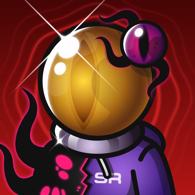 A digital illustration of a character in a purple spacesuit with a large golden helmet featuring a glowing pink eye, set against a red swirling background.