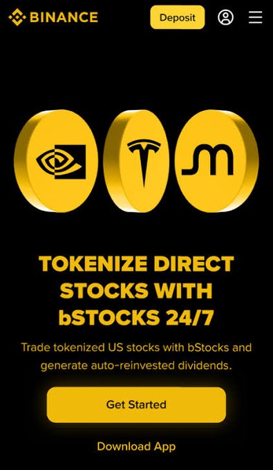 A Binance app advertisement with a black background, featuring three gold coins with logos (Nvidia, Tesla, MicroStrategy) and text reading 'TOKENIZE DIRECT STOCKS WITH bSTOCKS 24/7' and a 'Get Started' button.