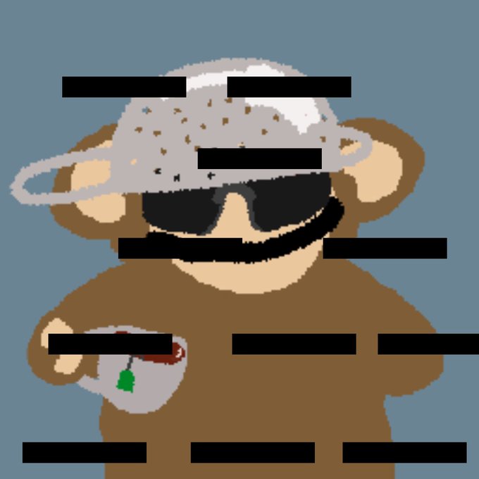 A pixel art illustration of a monkey wearing sunglasses with a colander on its head, holding a teacup, with black censor bars covering the eyes, mouth, and other details.