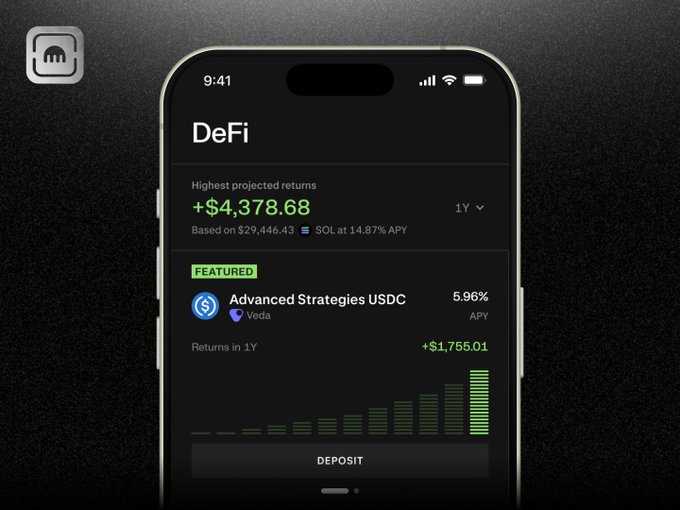 The image shows a Kraken Wallet mobile app displaying a "DeFi" tab, highlighting the "Advanced Strategies USDC" vault by Veda with a 5.96% APY and projected returns of +$4,378.68 based on $29,446.43 including SOL at 14.87% APY. This visual reinforces the post's message by showcasing the new self-custodial DeFi Earn functionality, complete with a "Deposit" button and a 1-year returns chart, directing users to kraken.com/wallet.