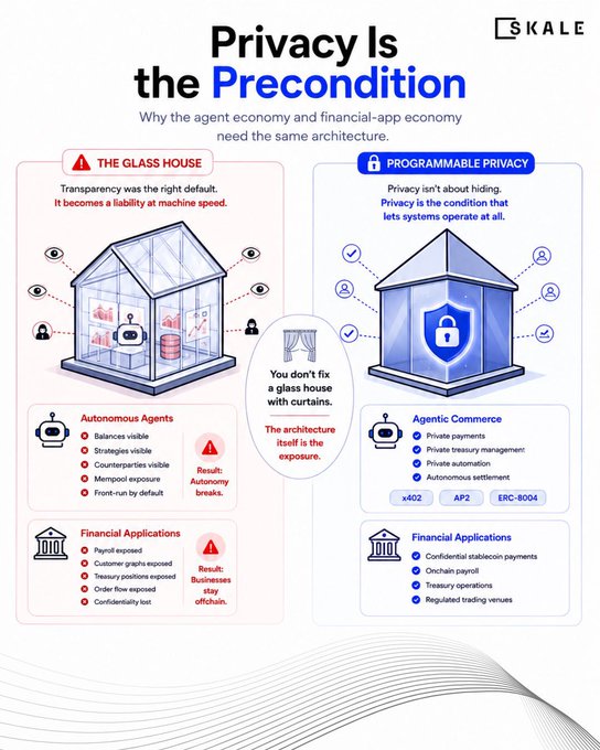 An infographic from SKALE titled 'Privacy Is the Precondition' comparing 'THE GLASS HOUSE' of transparency with 'PROGRAMMABLE PRIVACY', noting that 'You don't fix a glass house with curtains' and 'The architecture itself is the exposure'.