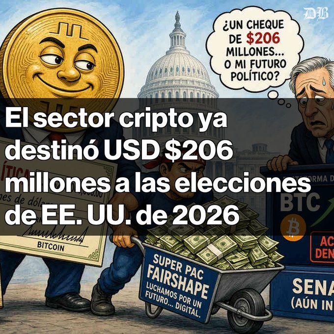 A Spanish-language political cartoon about crypto with the headline 'El sector cripto ya destinó USD $206 millones a las elecciones de EE. UU. de 2026', showing a politician with a $206M check.