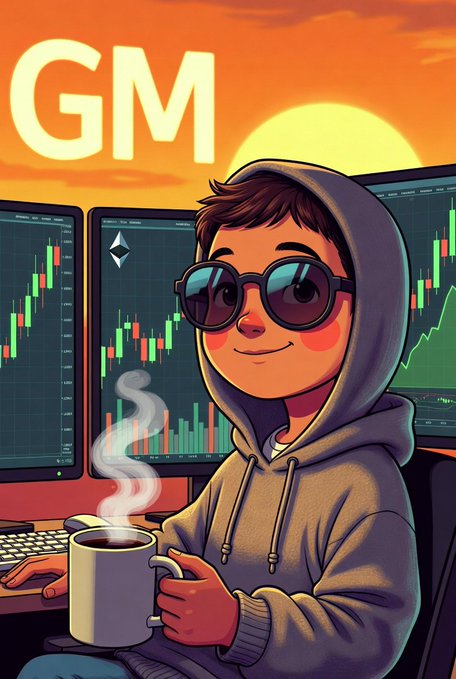 The image features a boy wearing sunglasses, holding a cup of coffee while sitting at his computer desk with monitors facing him. On one monitor he has an E-Torque chart, which might be related to Bitcoin or Ethereum if he's actively monitoring these cryptocurrency markets. He appears to be working on something important and is accompanied by a cup of coffee for refreshment. The presence of the cup suggests that this scene might be set during morning hours. Overall, it seems like a typical day in front of a computer screen with financial charts displayed.