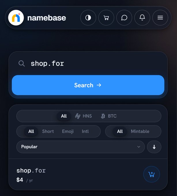 A mobile interface for the Namebase platform shows a search bar containing "shop.for", with filter options for HNS, BTC, Short, Emoji, and Intl, and a listing for "shop.for" priced at $4/yr.