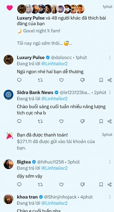 The image shows a Twitter/X comments section on a post by "Luxury Pulse" (@doloccc), featuring Vietnamese replies from followers like Sidra Bank News, Bigtea, and khoa tran responding to the poster's "Good night" message. The accompanying context indicates this is a post celebrating earning $271 from a 15-day Twitter monetization period, which relates to the visible payment confirmation banner stating "$271.11 đã được gửi vào tài khoản của bạn" (has been sent to your account).