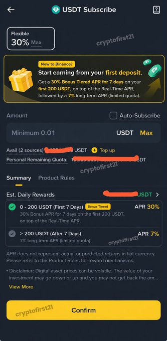 The image shows a Binance "USDT Subscribe" page highlighting a flexible 30% Max APR subscription offer for new users, featuring a 7-day 30% Bonus Tiered APR followed by a 7% long-term APR on USDT, with a minimum deposit of 0.01 USDT. The visual reinforces the post's message by illustrating the specific tiered APR structure and 7-day bonus window available to eligible new Binance Earn users on their first deposit.