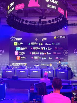 A live trading tournament stage with a large leaderboard showing top players like 'jj', 'maybe', 'merty', and 'kizzo' with their PnL figures, branded with 'CMC' and 'hud'i' logos.
