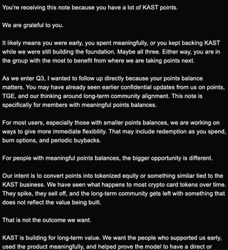 A screenshot of a message from KAST informing users about an upcoming Q3 initiative to convert point balances into tokenized equity or similar offerings, with details varying based on the size of holdings. The note outlines plans to give meaningful holders a "real shot at KAST business," citing the need to avoid token launches that "spike, then sell off" and instead reward long-term community support, aligning with the social post's bullish take on users becoming shareholders.