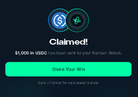 A 'Claimed!' notification showing '$1,000 in USDC has been sent to your Nansen Wallet,' featuring USDC and Nansen logos and a 'Share Your Win' button.