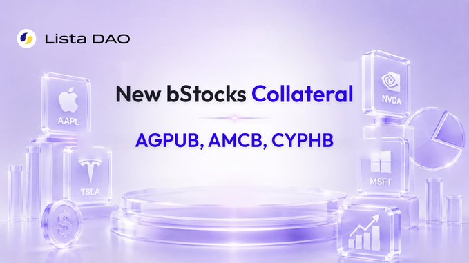 Lista DAO promotional banner announcing 'New bStocks Collateral' featuring AGPUB, AMCB, and CYPHB, with icons for AAPL, TSLA, NVDA, and MSFT displayed in purple-tinted cubes.