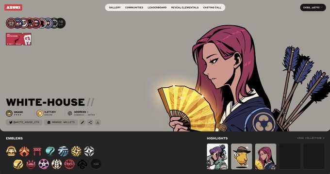 A screenshot of a website showing a community called "WHITE-HOUSE //" with a banner image of a pink-haired character holding a golden fan and arrows, featuring navigation options like "GALLERY", "COMMUNITIES", and "LEADERBOARD".