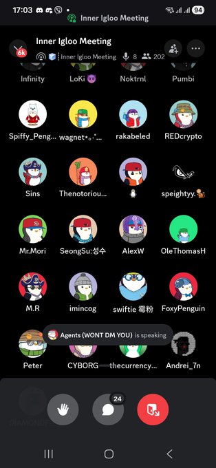 A mobile screenshot of a Discord voice channel called "Inner Igloo Meeting" with 202 listeners, showing various penguin-themed avatars and usernames like Loki, Noktrnl, Spiffy_Peng..., SeongSu, and M.R, with the post indicating this is a live Pudgy Penguins community call.