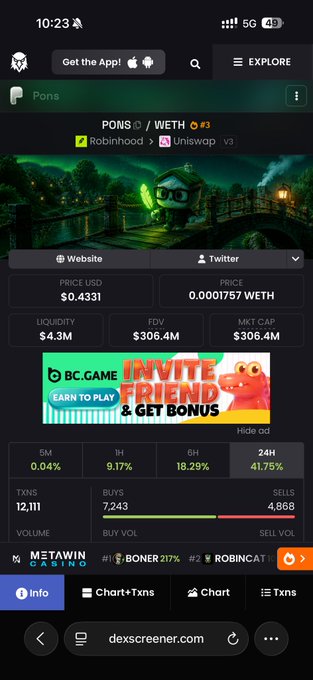 A screenshot of the DexScreener app showing the PONS / WETH token pair (#3) on Uniswap V3, displaying a price of $0.4331, liquidity of $4.3M, FDV and market cap of $306.4M, and recent price increases including +41.75% in 24H.