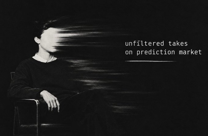 A black-and-white artistic image shows a seated person with their face blurred/distorted into horizontal streaks, accompanied by the text 'unfiltered takes on prediction market'.