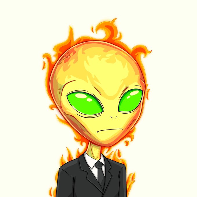 A cartoon illustration of an alien character with a large yellow head surrounded by flames, bright green eyes, and a serious expression, wearing a black suit and tie.