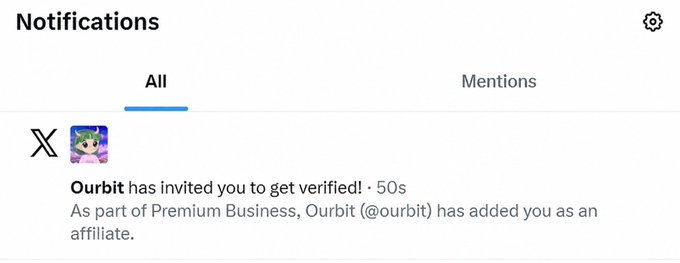 A screenshot of X (formerly Twitter) notifications showing a message from Ourbit (@ourbit) stating they've added the user as an affiliate under their Premium Business program and invited them to get verified. This aligns with the accompanying post announcing that Ourbit has invited Milady to be their X affiliate.