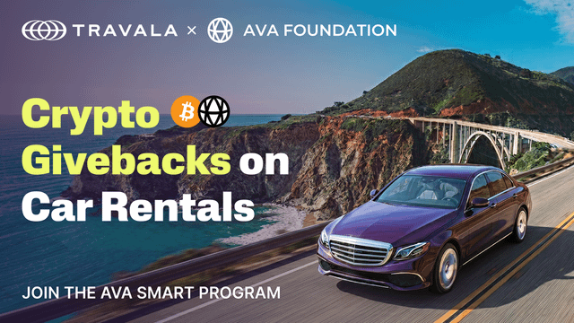 The image features a purple Mercedes-Benz car driving down a road with a bridge in the background, set against a scenic view of water and mountains. The text at the bottom of the image reads "Get crypto givebacks on Car rentals on Travala". This suggests that users can receive cryptocurrency rewards for using Travala's car rental service, which is an innovative way to earn extra money while traveling or commuting.