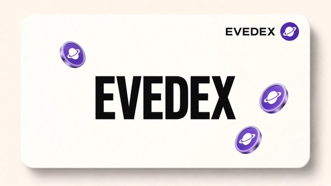 White promotional card displaying the word "EVEDEX" in bold black letters, surrounded by floating purple Saturn-like coin icons.
