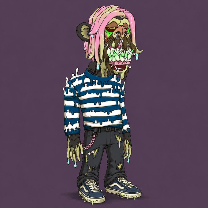 A cartoonish zombie-like ape character with pink dripping hair, green glowing eyes, and a striped shirt covered in slime stands against a purple background, fitting the "GM" (Good Morning) crypto meme culture post by @BoredApeYC. The artwork resembles a stylized Bored Ape Yacht Club NFT with a horror-themed makeover.