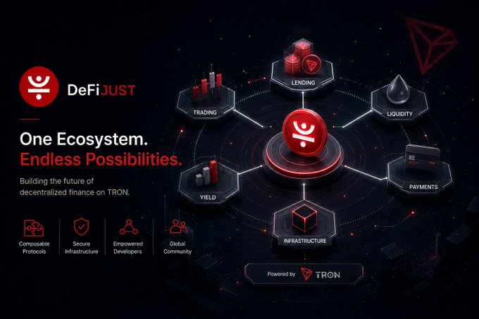 A promotional graphic for DeFi JUST, with the tagline "One Ecosystem. Endless Possibilities." describing it as "Building the future of decentralized finance on TRON," featuring icons for Trading, Lending, Liquidity, Payments, Infrastructure, and Yield.