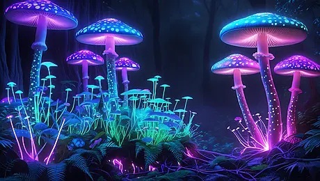 A vibrant digital artwork of a glowing mushroom forest at night, featuring tall mushrooms with blue and purple caps illuminated in neon colors amidst glowing foliage.