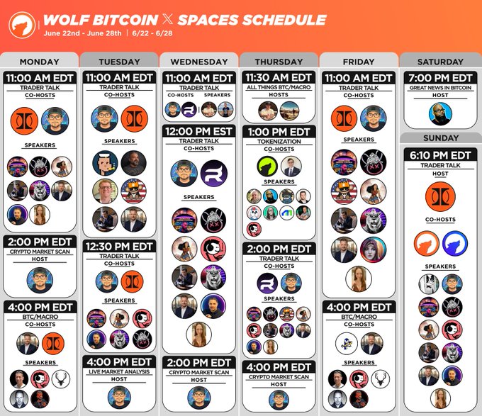 The image features a detailed calendar of events, including a list of speakers and dates for various conferences and meetings related to Bitcoin. The calendar also includes a section dedicated to the Wolf Bitcoin event scheduled for June 25th at 6:00 PM. This information is presented in an organized manner with clear labels and descriptions, making it easy to understand and navigate through the content.