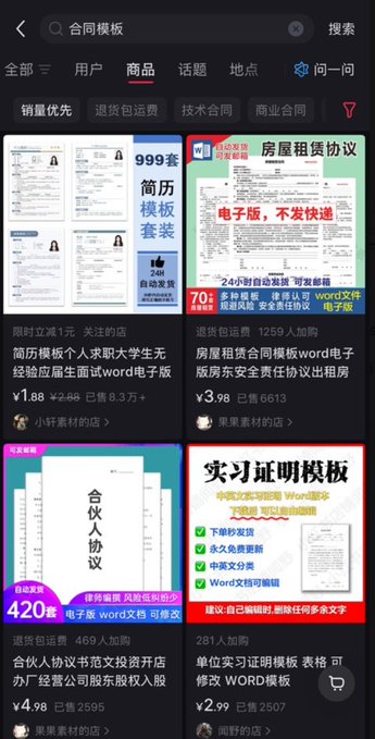 A Xiaohongshu marketplace page displays various contract templates for sale, including resume templates (¥1.88, 83,000+ sales), housing rental agreements (¥3.98, 6,613 sales), partnership agreements (¥4.98, 2,595 sales), and internship certificates (¥2.99), illustrating the post's point about how selling pre-made contract templates on the platform can generate significant revenue compared to paying for custom drafting services.