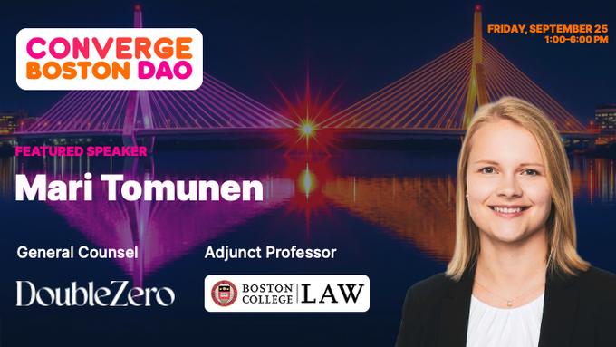 A promotional graphic for Converge by Boston DAO announces General Counsel Mari Tomunen of DoubleZero and Adjunct Professor at Boston College Law as a featured speaker at the event on Friday, September 25th from 1:00-6:00 PM, shown alongside her headshot with the Leonard P. Zakim Bunker Hill Bridge in the background.