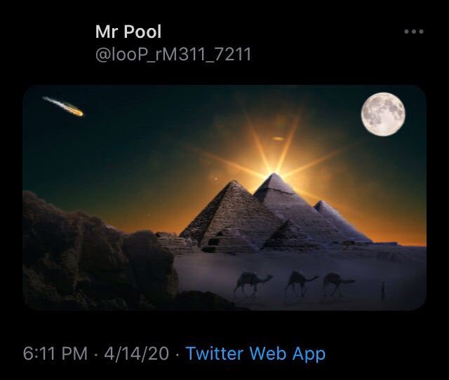 The image is a stylized illustration showing the Great Pyramids of Giza at night, illuminated by a radiant burst of light between them, with a full moon to the right, a meteor or comet streaking across the dark sky on the left, and the silhouettes of camels and a person in the desert below. The Twitter post is from "Mr Pool" (@looP_rM311_7211), posted at 6:11 PM on 4/14/20 via Twitter Web App, with the caption "Rise of PhoeniX"—evoking themes of rebirth and resurgence, symbolized by the pyramidal sunburst rising from ancient Egypt.