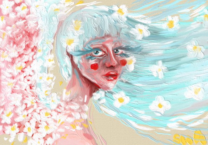 An oil painting of a figure with flowing turquoise hair and red cheeks, surrounded by white and pink flowers, signed 'Soets' in yellow in the bottom right.