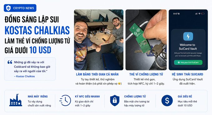 A Vietnamese-language crypto news graphic about SUI co-founder Kostas Chalkias making credit cards from cheap materials, showing photos of him crafting and the SuiCard Vault app interface.