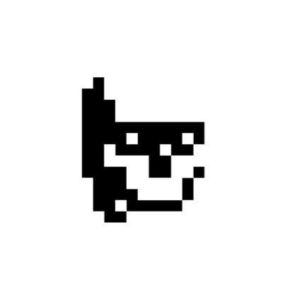 A simple black pixel art design on a white background, resembling a stylized face, mask, or creature with a grid-like pattern.