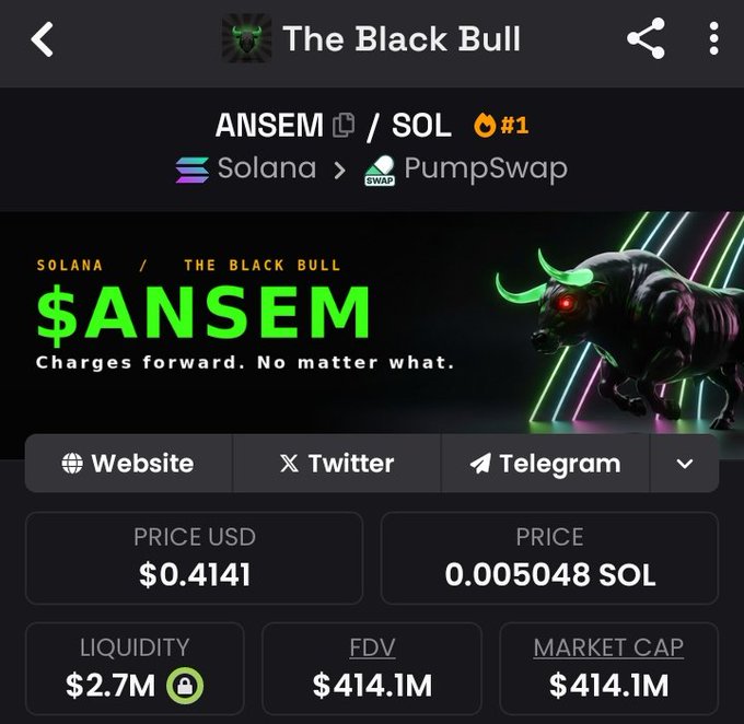A crypto token tracker page for '$ANSEM' on Solana/PumpSwap, titled 'The Black Bull' with the tagline 'Charges forward. No matter what.', showing a price of $0.4141 and a market cap of $414.1M.