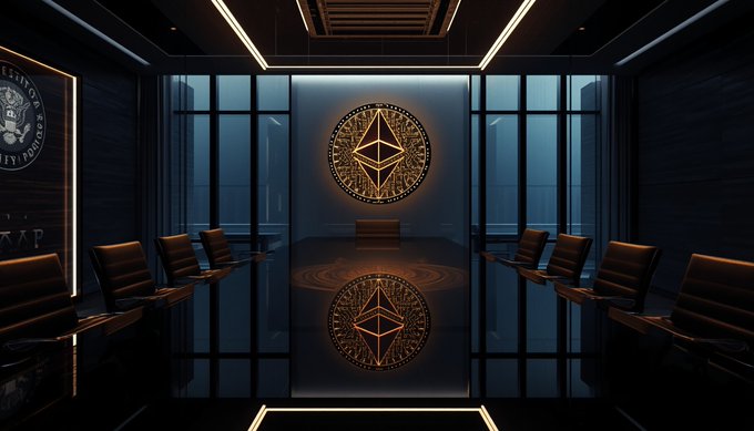 A dark, futuristic boardroom with leather chairs around a reflective table, featuring a large glowing Ethereum logo on the back wall.